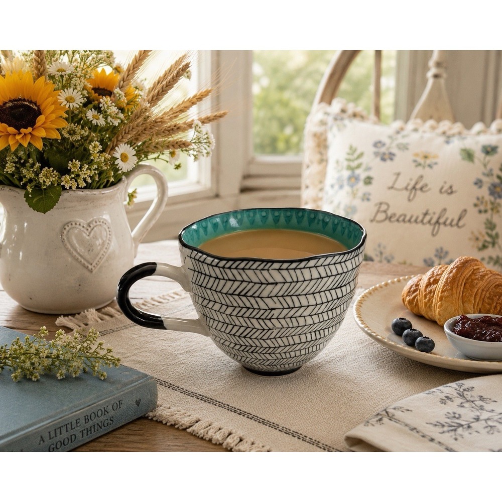 Potter's Studio Large Artisan Coffee Mug Herringbone Black White Aqua Ruffle Rim